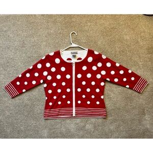 Red and white polka dot zip up cardigan sweater
Size large by Timberlea